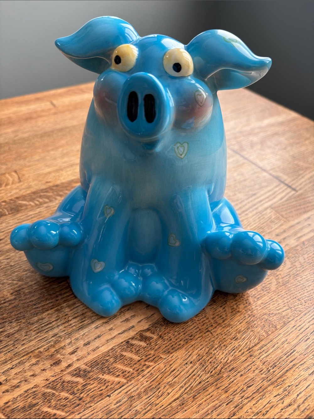 Adorable Funky Blue Heart-Accent Ceramic Pig- Piggy Bank